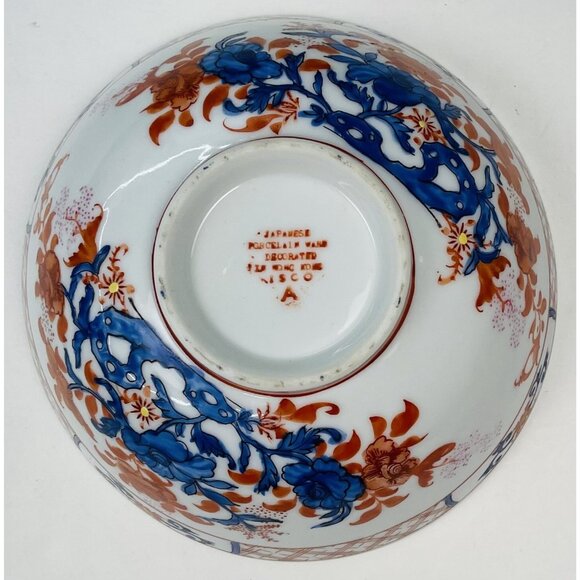 VTG 6" Imari Style Handpainted Japanese Footed Serving BOWL Orange Blue Flower - Picture 4 of 6